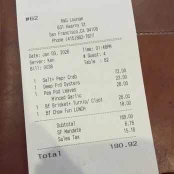 R & G Lounge - Check please 1/9/26 - Seafood Near Me - San Francisco, California R & G Lounge - Check please 1/9/26 - Seafood Near Me - San Francisco, California