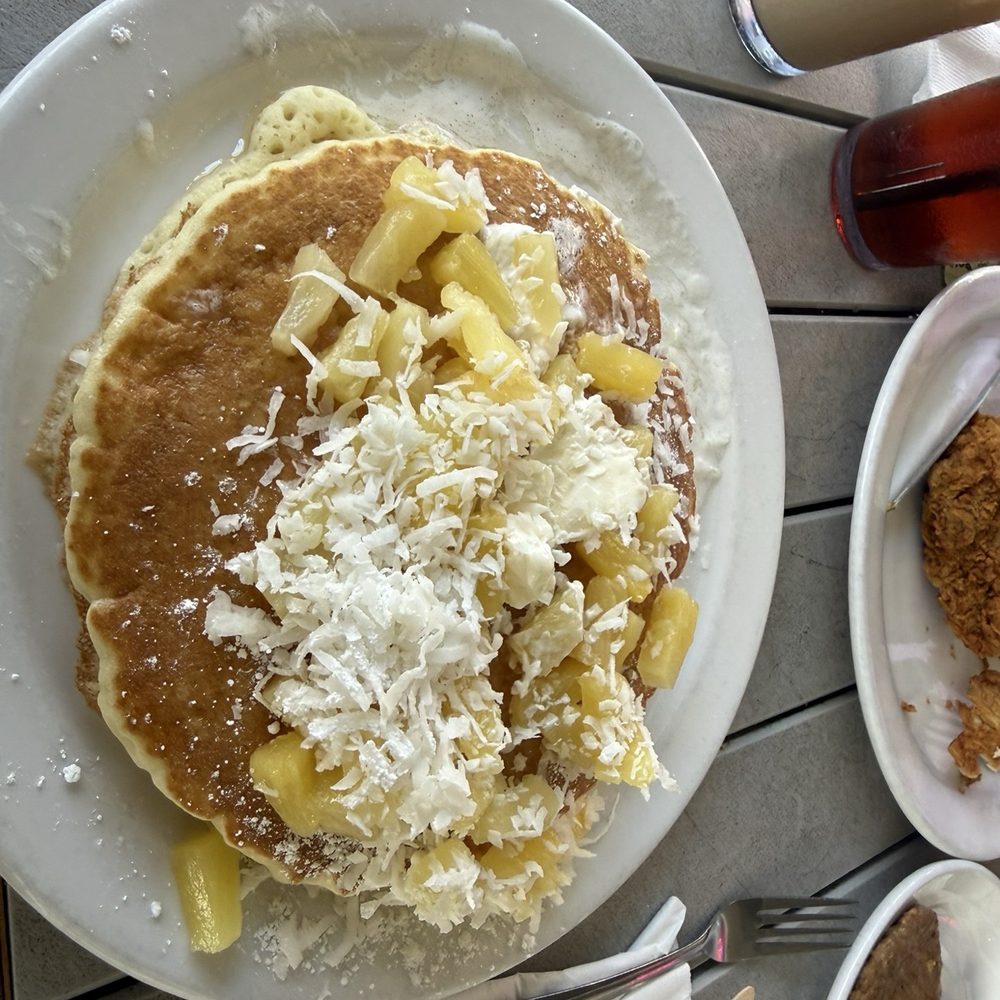 Kihei Caffe - Pancakes with coconut and pineapple yummy - Hawaiian Near Me - Kihei, Hawaii Kihei Caffe - Pancakes with coconut and pineapple yummy - Hawaiian Near Me - Kihei, Hawaii