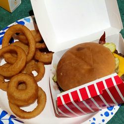 Freddy's Frozen Custard & Steakburgers - Onion rings with a double cheese and bacon burger. Yum!