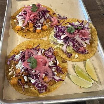 Parachos Tacos Y Tragos - Two sweet potato tacos and a chicken tinga taco. DELICIOUS. - Tacos Near Me - Scottsdale, Arizona Parachos Tacos Y Tragos - Two sweet potato tacos and a chicken tinga taco. DELICIOUS. - Tacos Near Me - Scottsdale, Arizona