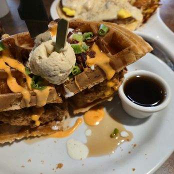 Huckleberry's Breakfast & Lunch - Stacked chicken and waffles & Tom's scramble - American Near Me - San Jose, California Huckleberry's Breakfast & Lunch - Stacked chicken and waffles & Tom's scramble - American Near Me - San Jose, California