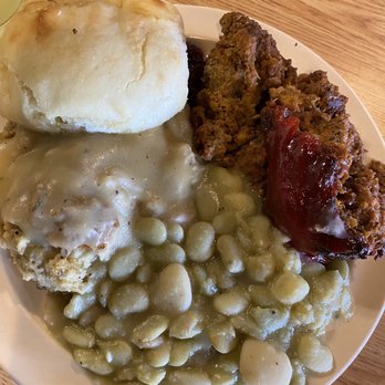 Hunter's Cafe - Meatloaf, Lima beans, dressing & turkey gravy, and a biscuit. - Breakfast & Brunch Near Me - Jackson, Georgia