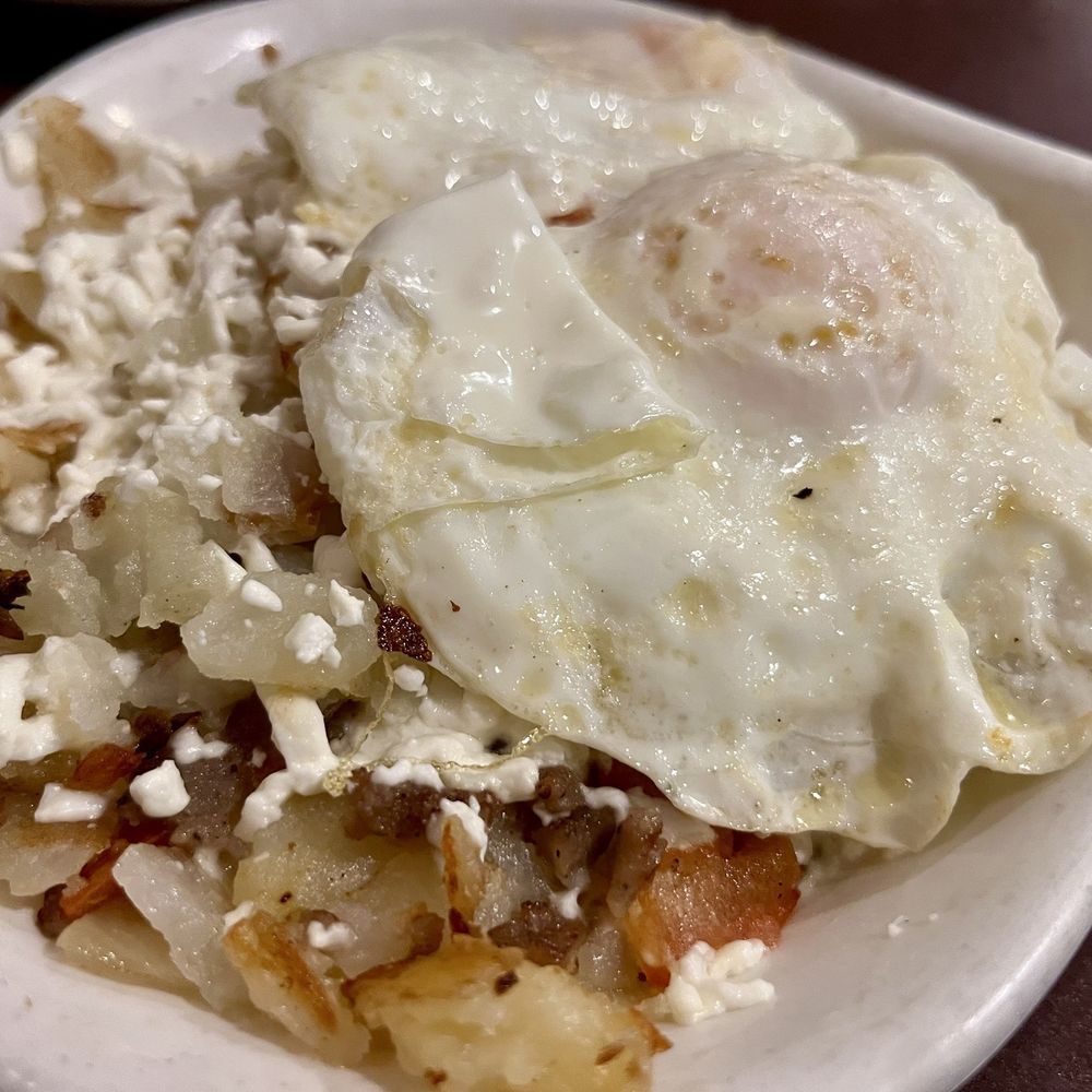 McLean Family Restaurant - Delicious MFR skillet - hash brown potatoes with onion tomatoe feta gyro with two eggs, yum - Greek Near Me - McLean, Virginia
