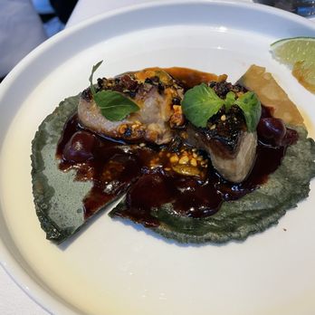 Obelix - Foie-co, seared foie gras, corn tortilla, salsa matcha, pickled cherries, cherry jam - French Near Me - Chicago, Illinois Obelix - Foie-co, seared foie gras, corn tortilla, salsa matcha, pickled cherries, cherry jam - French Near Me - Chicago, Illinois