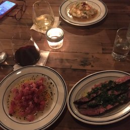 The top is the lobster mashed potatoes, hamachi bottom left and flank steak on the right. That's a Malbec in the glass. The top is the lobster mashed potatoes, hamachi bottom left and flank steak on the right. That's a Malbec in the glass.