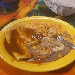 Senor Fajitas - Enchiladas, beans and rice.