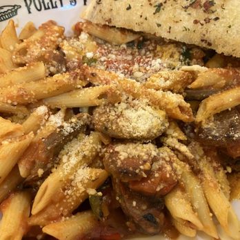 Polly's Pies - Sausage & pepper penne with garlic bread - Bakeries Near Me - Fullerton, California Polly's Pies - Sausage & pepper penne with garlic bread - Bakeries Near Me - Fullerton, California