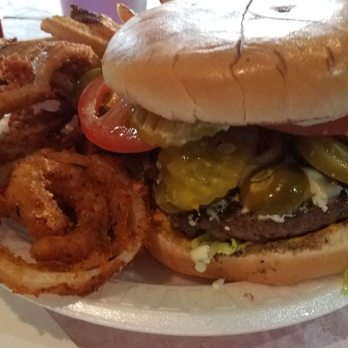 Texas Hamburger Palace - Jalapeno cheeseburger with grilled onions and blue cheese subbed for cheddar. 1/2 Fries 1/2 Onion Rings too. - Burgers Near Me - Houston, Texas Texas Hamburger Palace - Jalapeno cheeseburger with grilled onions and blue cheese subbed for cheddar. 1/2 Fries 1/2 Onion Rings too. - Burgers Near Me - Houston, Texas