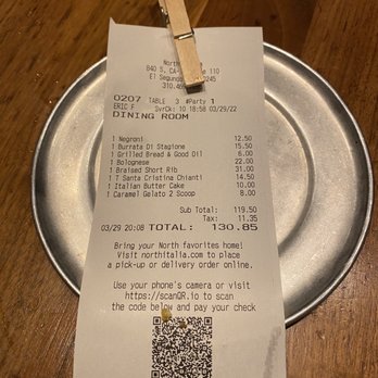 North Italia - Final bill - Pizza Near Me - El Segundo, California