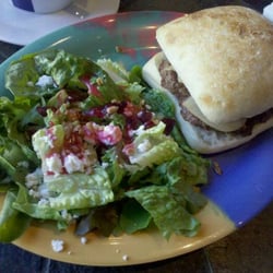 Savannah Moon Bakery & Cafe - Burger special, with smoked gouda, grilled peppers and onions on ciabatta with a cranberry side salad.