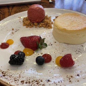 Morimoto - Chilled Cheesecake Souffle (the raspberry sorbet steals it!!) - Japanese Near Me - Las Vegas, Nevada Morimoto - Chilled Cheesecake Souffle (the raspberry sorbet steals it!!) - Japanese Near Me - Las Vegas, Nevada