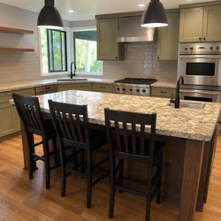 Pacific Kitchens Inc - Sage & Tuscany Espresso Painted Maple Cabinet Refacing & Floating Shelves