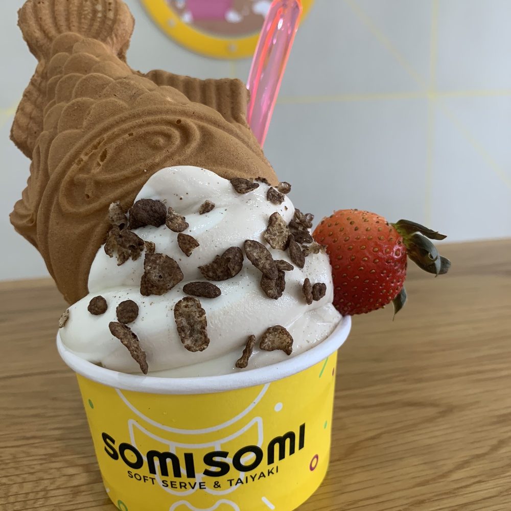 Somisomi - Milk Tea Ice Cream with cocoa pebbles and a strawberry topped with a taiyaki - Desserts Near Me - Frisco, Texas Somisomi - Milk Tea Ice Cream with cocoa pebbles and a strawberry topped with a taiyaki - Desserts Near Me - Frisco, Texas
