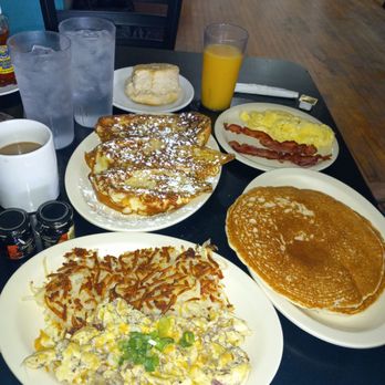 Bisbee Breakfast Club - Bandit Scramble, Pancakes, and French Toast. Biscuit, eggs, bacon, coffee, and orange juice. - American Near Me - Bisbee, Arizona Bisbee Breakfast Club - Bandit Scramble, Pancakes, and French Toast. Biscuit, eggs, bacon, coffee, and orange juice. - American Near Me - Bisbee, Arizona