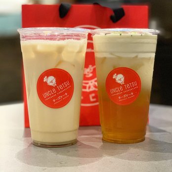 Uncle Tetsu - Classic Green Milk Tea (left) & Sea Salt Green Tea (right) - Desserts Near Me - San Mateo, California