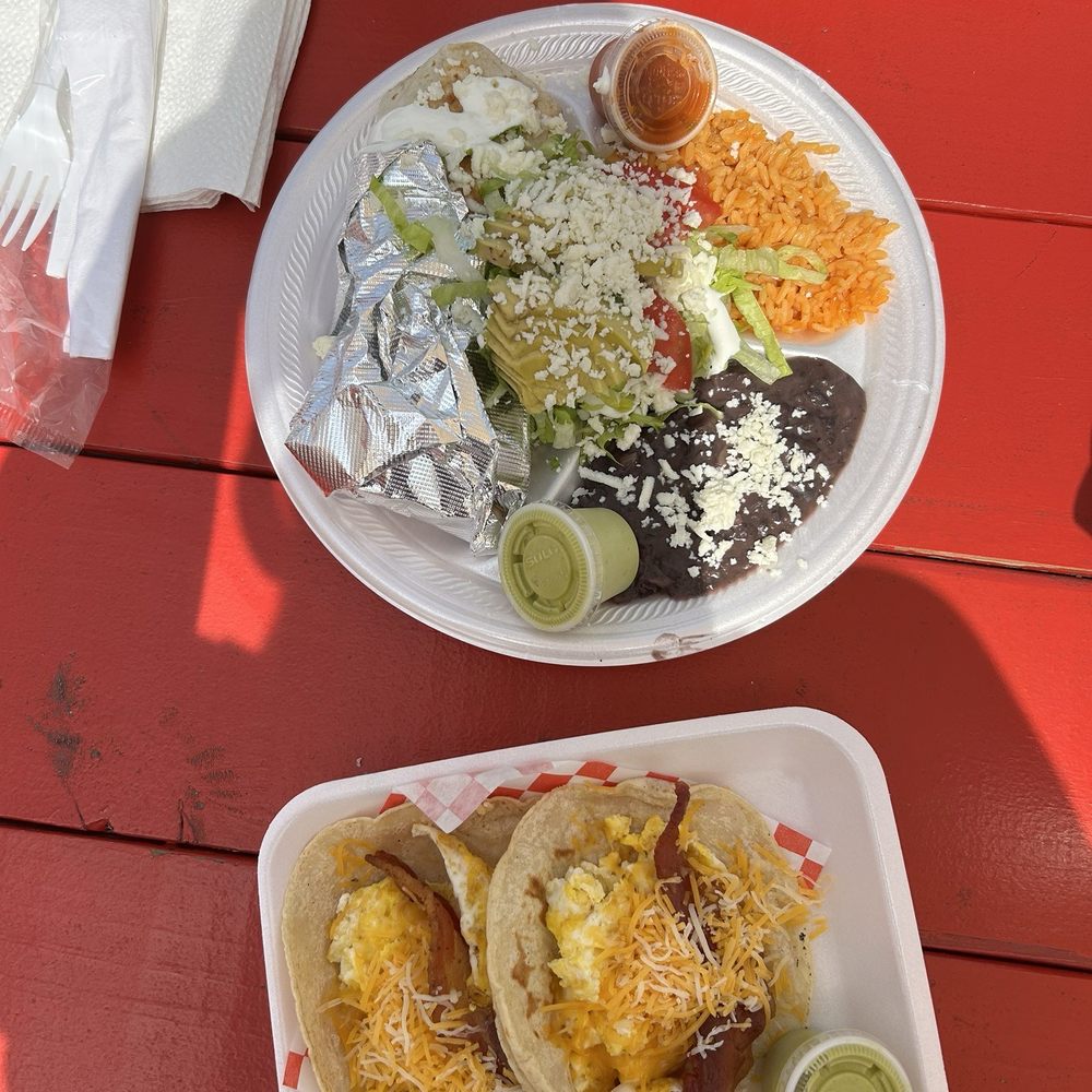 Flavia's Kitchen - burrito plate ($10) and bacon and egg breakfast taco ($5) - Mexican Near Me - Austin, Texas