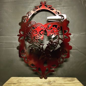 Hess Welding and Powdercoating - Skull couple broach CnC cut and finished with custom 2 tone powder coat. - Metal Fabricators Near Me Hess Welding and Powdercoating - Skull couple broach CnC cut and finished with custom 2 tone powder coat. - Metal Fabricators Near Me