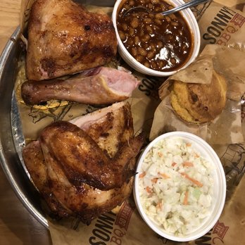 Sonny's BBQ - BBQ Chicken (half) with baked beans, cole slaw, and corn bread. - Barbeque Near Me - Port Orange, Florida Sonny's BBQ - BBQ Chicken (half) with baked beans, cole slaw, and corn bread. - Barbeque Near Me - Port Orange, Florida