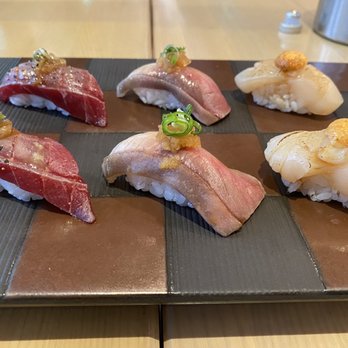 Miku - Maguro / Red Tuna, Hamachi / Yellowtail, Hotate / Hokkaido Scallop all Aburi Nigiri style - Japanese Near Me - Vancouver, British Columbia