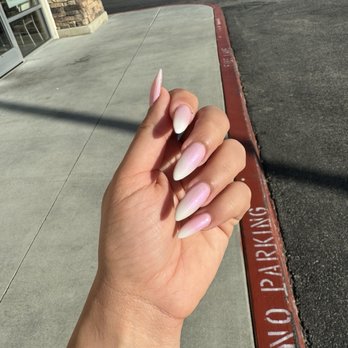 Canny Nails & Spa - Gel X Medium fill with pink and white air brick ombré followed by sheer chrome overlay - Nail Salons Near Me - Temecula, California