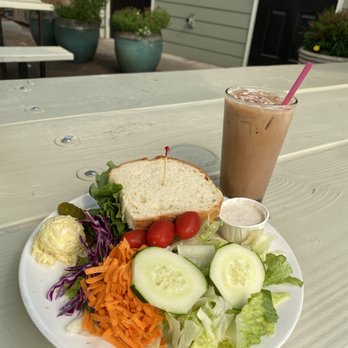 Sam's Station - Cheese & tomato sandwich served w/ a salad & house made ranch, fresh veggies, scoop of egg/potato salad & an iced peppermint mocha. - Salad Near Me - Corvallis, Oregon