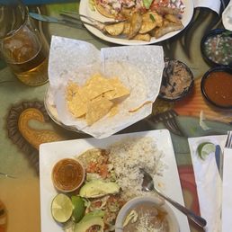 Shrimp tacos and tostada.