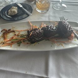 Arcadia Bluffs Dining Room - Pork Belly....sweet and savory! Best EVER!! (Yes...one piece missing!