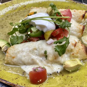 Domingo - Green Chile and Chicken Enchiladas Yogurt Crema, Cilantro, Avocado, Lime, Tomato - Cocktail Bars Near Me - San Antonio, Texas