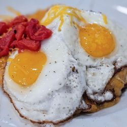 Frothy Monkey - Bisquits and chorizo gravy topped with 2 eggs