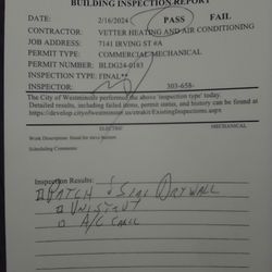Vetter heating and air conditioning - Permits we passed on for a commercial hood Mechanical and Electrical Westminster, Co