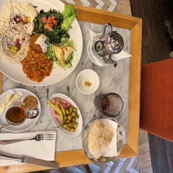 Noura Opéra - 6 mezzes  and hot tea. the Samaké Harra you have to try it it's out of this world. olives and bread come with the meal on the side.