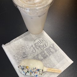 Honey Bee Bakery - Stopped by the square to check out the market and got an ice coffee and cake pop. I got the vanilla cake pop and chai tea latte