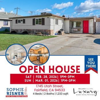 Sophie Risner - Keller Williams  - 1745 Utah Street:
Move-in ready 4BD + den, 2BA with fireplace, new stove & bonus room. Open House Feb 28-Mar 1, 1-3PM. - Real Estate Agents Near Me - Fairfield, California