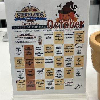 Stricklands Ice Cream - October Flavor Menu - Ice Cream & Frozen Yogurt Near Me - Costa Mesa, California Stricklands Ice Cream - October Flavor Menu - Ice Cream & Frozen Yogurt Near Me - Costa Mesa, California