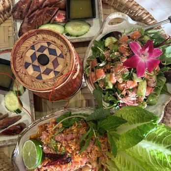 Nok’s Kitchen - Lao Sausage Combo, Nam khao (crispy rice salad), Larb Salmon - Laotian Near Me - Westminster, California