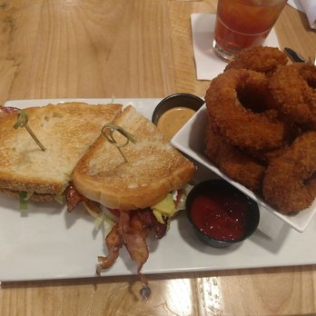 Bootleggers - Bltc with panko crusted onion rings was amazing! - Burgers Near Me - Lynchburg, Virginia