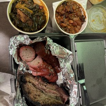 The Purple Pig - 2 meat combo, brisket and sausage (burnt ends were sold out) collards and cowboy beans and a corner of cornbread. - Southern Near Me - Marlborough, Massachusetts The Purple Pig - 2 meat combo, brisket and sausage (burnt ends were sold out) collards and cowboy beans and a corner of cornbread. - Southern Near Me - Marlborough, Massachusetts