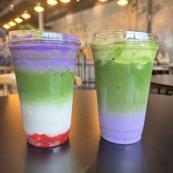 Vivot Craft Cafe - raspberry Matcha latte with Ube foam and a double Matcha latte with Ube flavor and Matcha foam - Coffee & Tea Near Me - Mission Viejo, California