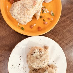 Breakfast Burrito and Side of Biscuits and Gravy Breakfast Burrito and Side of Biscuits and Gravy