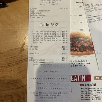 Sonny's BBQ - Final bill after waitress took small pork that she charged $9.99 for that should of been $7.49 Still charged $13.99 for $10.48 reg pork - Barbeque Near Me - Mobile, Alabama