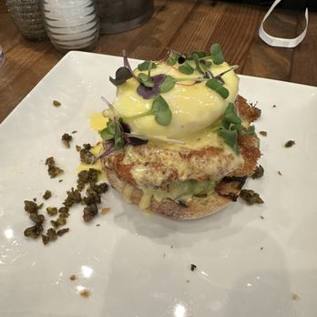 CRAFTkitchen - Crab Cake Benedict, split among two plates without the tomato - New American Near Me - Henderson, Nevada CRAFTkitchen - Crab Cake Benedict, split among two plates without the tomato - New American Near Me - Henderson, Nevada