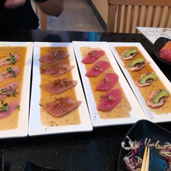 Crazy Tuna - Carpaccio flight L to R: yellowtail, albacore, tuna, seared salmon - Japanese Near Me - Chandler, Arizona Crazy Tuna - Carpaccio flight L to R: yellowtail, albacore, tuna, seared salmon - Japanese Near Me - Chandler, Arizona