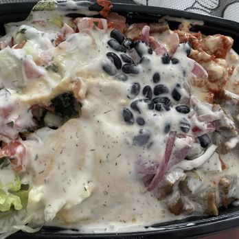 Shah's Halal Food - combo over basmati rice platter, black beans, lettuce, salata (Cucumber Tomato), hummus, onion, pepper, and extra white sauce - Halal Near Me - Providence, Rhode Island Shah's Halal Food - combo over basmati rice platter, black beans, lettuce, salata (Cucumber Tomato), hummus, onion, pepper, and extra white sauce - Halal Near Me - Providence, Rhode Island