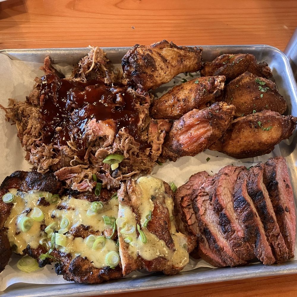 Sandbar BBQ - Mamas Sweats meat platter. Supposed to feed 3-4 including the sides. Sadly, I left still hungry. - Barbeque Near Me - Sandy, Oregon Sandbar BBQ - Mamas Sweats meat platter. Supposed to feed 3-4 including the sides. Sadly, I left still hungry. - Barbeque Near Me - Sandy, Oregon