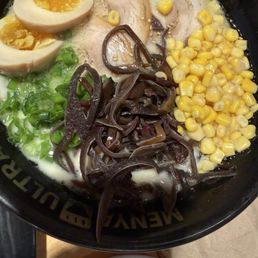 Tonkotsu Chashu with seasoned egg and corn Tonkotsu Chashu with seasoned egg and corn