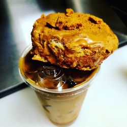 Iced Caramel coffee with biscoff crumble coffee cake