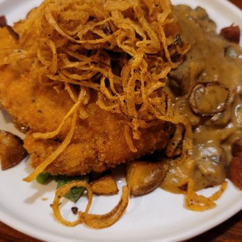 Oak and Barrel - Pork schnitzel with mushroom gravey and red potatoes - Steakhouses Near Me - Monticello, Indiana Oak and Barrel - Pork schnitzel with mushroom gravey and red potatoes - Steakhouses Near Me - Monticello, Indiana