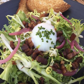 Barndiva - Salad Lyonnaise (Bacon Lardons, Poached Egg, Balsamic Onions, Whole Grain Mustard & Bacon Vinaigrette, Toasted Brioche, $18)- 4/5 stars - New American Near Me - Healdsburg, California