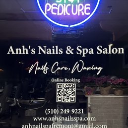 Exterior outside entrance of Anh's Nails & Spa - Booking online at www.anhsnailsspa.com or scan our QR code. - Fremont, California Exterior outside entrance of Anh's Nails & Spa - Booking online at www.anhsnailsspa.com or scan our QR code. - Fremont, California