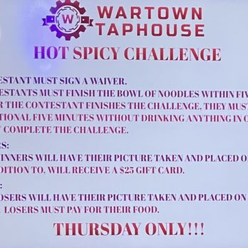 Wartown Taphouse - Spicy challenge rules - Beer, Wine & Spirits Near Me - Warner Robins, Georgia Wartown Taphouse - Spicy challenge rules - Beer, Wine & Spirits Near Me - Warner Robins, Georgia